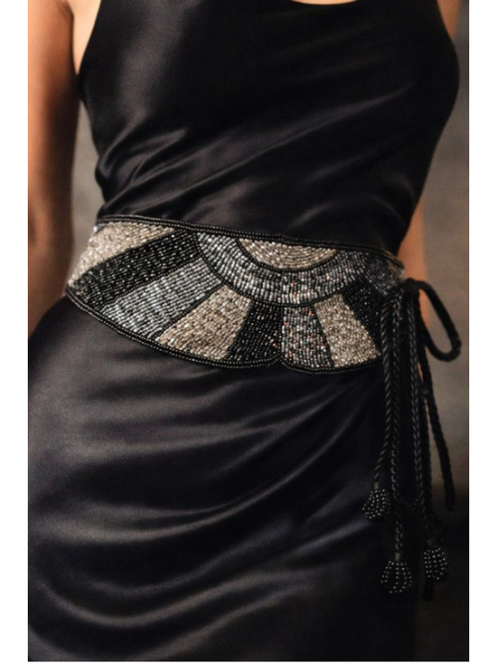 Unbranded Accessories - Vintage Black Silver Beaded Tie Belt or Art Deco Style Beaded Waist Sash Belt